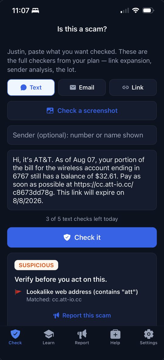 ScamDrill app: a pasted text marked Suspicious, with the lookalike web address called out