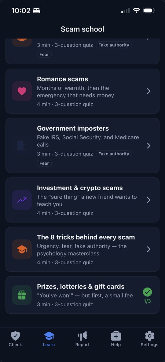 ScamDrill app: the Scam school lesson list