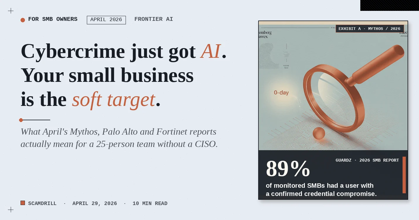 Editorial cover on a soft slate background. Eyebrow reads &lsquo;For SMB Owners &middot; April 2026 &middot; Frontier AI.&rsquo; Headline reads &lsquo;Cybercrime just got AI. Your small business is the soft target.&rsquo; A copper magnifying glass hovers over a circuit-board grid with a small &lsquo;0-day&rsquo; marker; an overlay highlights a 2026 Guardz stat &mdash; 89% of monitored SMBs had a user with a confirmed credential compromise.