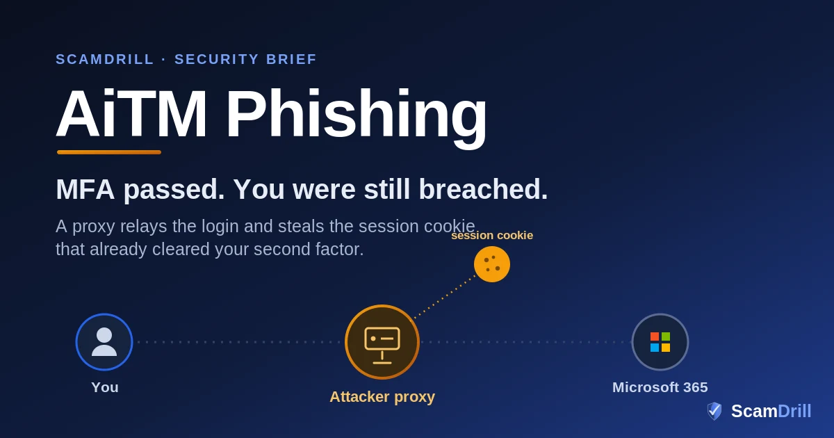 Cover graphic on a deep navy field reading AiTM Phishing, with the line MFA passed. You were still breached, showing a user at a login page, an attacker's proxy server sitting on the wire between the user and the real Microsoft sign-in, and a stolen session cookie being copied to a second laptop.