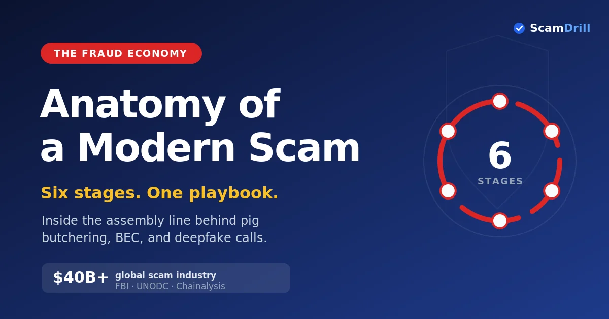 Cover graphic on deep navy reading ‘Anatomy of a Modern Scam — Six stages, one playbook,’ with a six-node cycle diagram and a stat noting the global scam industry tops $40 billion, per FBI, UNODC, and Chainalysis.