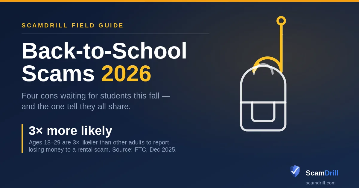 Cover graphic on a deep navy field reading Back-to-School Scams 2026, with a gold fishing hook curled through the handle of a backpack, and a stat noting that people ages 18 to 29 are three times more likely than other adults to report losing money to a rental scam