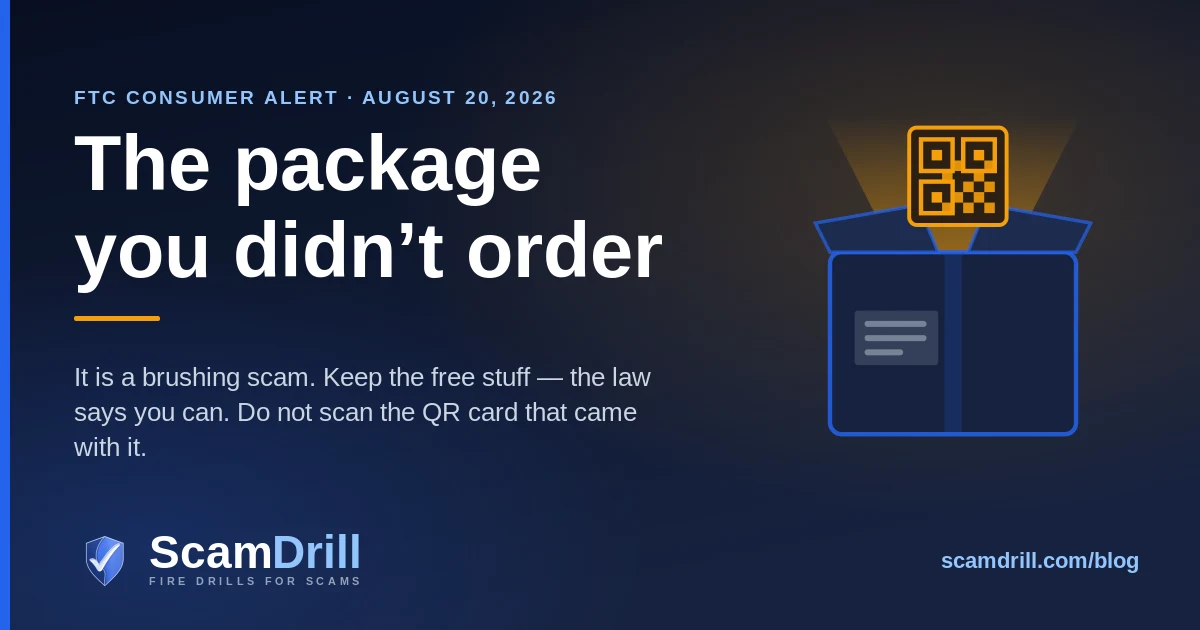 Cover graphic on a deep navy field reading The package you did not order, showing an open cardboard parcel with an amber QR code card lifting out of it on a beam of light