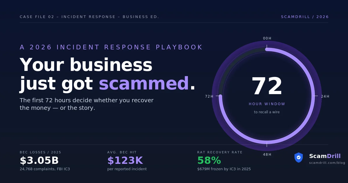 Editorial cover with the headline &lsquo;Your business just got scammed&rsquo; over a 72-hour countdown ring and three stat blocks: $3.05B in BEC losses, $123K average hit, 58% RAT recovery rate