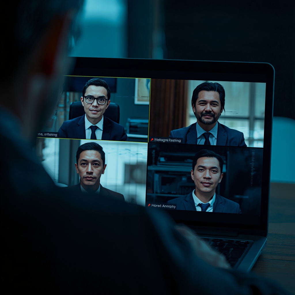 An over-the-shoulder view of a corporate video call grid on a laptop, where one participant's tile is subtly outlined and distorted, hinting at a deepfake.