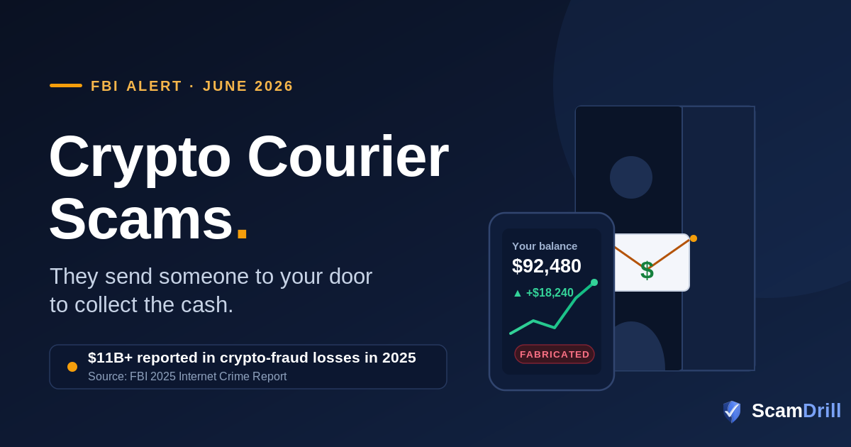 Cover graphic on a deep navy field reading Crypto Courier Scams, with the line They send someone to your door for the cash, showing a doorway with a courier holding a cash envelope and a phone screen displaying fake investment gains, and a stat noting Americans reported over 11 billion dollars in cryptocurrency fraud losses in 2025