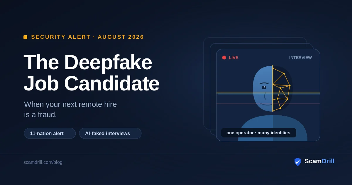 Cover graphic on a deep navy field reading The Deepfake Job Candidate, showing a video-call window where a smiling headshot is peeling away at the corner to reveal a wireframe mask underneath, next to a resume marked with a stolen-identity stamp.