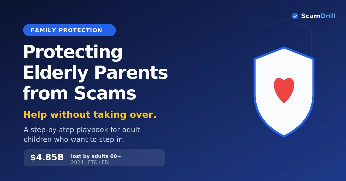 Cover graphic on deep navy reading ‘Protecting Elderly Parents from Scams — Help without taking over,’ with a shield-and-heart emblem and a stat noting adults 60+ lost $4.85 billion to fraud in 2024, per FTC and FBI.
