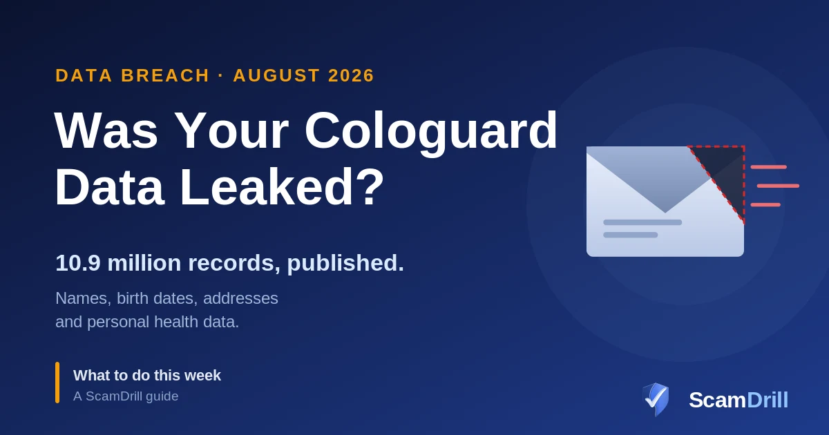 Cover graphic on a deep navy field reading Was Your Cologuard Data Leaked, showing a laboratory specimen envelope with a torn corner and records escaping from it, and the line 10.9 million records published