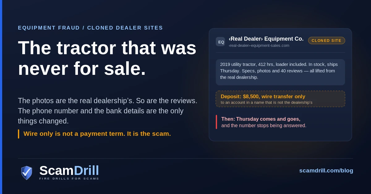 Cover graphic on a deep navy field. The headline reads The tractor that was never for sale. To the right, a dark quotation card shows a dealership name tagged CLONED SITE in amber, a line noting the photos and reviews were copied from the real business, an amber row of wire-only payment instructions, and a red note that the delivery date passes and the seller stops answering.