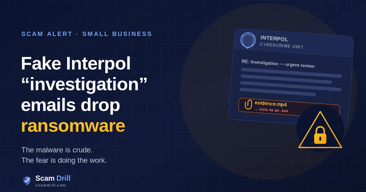 Cover graphic on a deep navy field reading Fake Interpol Investigation, showing an official-looking email that claims a small business is under investigation and links to a password-protected file that turns out to be ransomware disguised as a video, with a note that the malware is crude but the fear is doing the work
