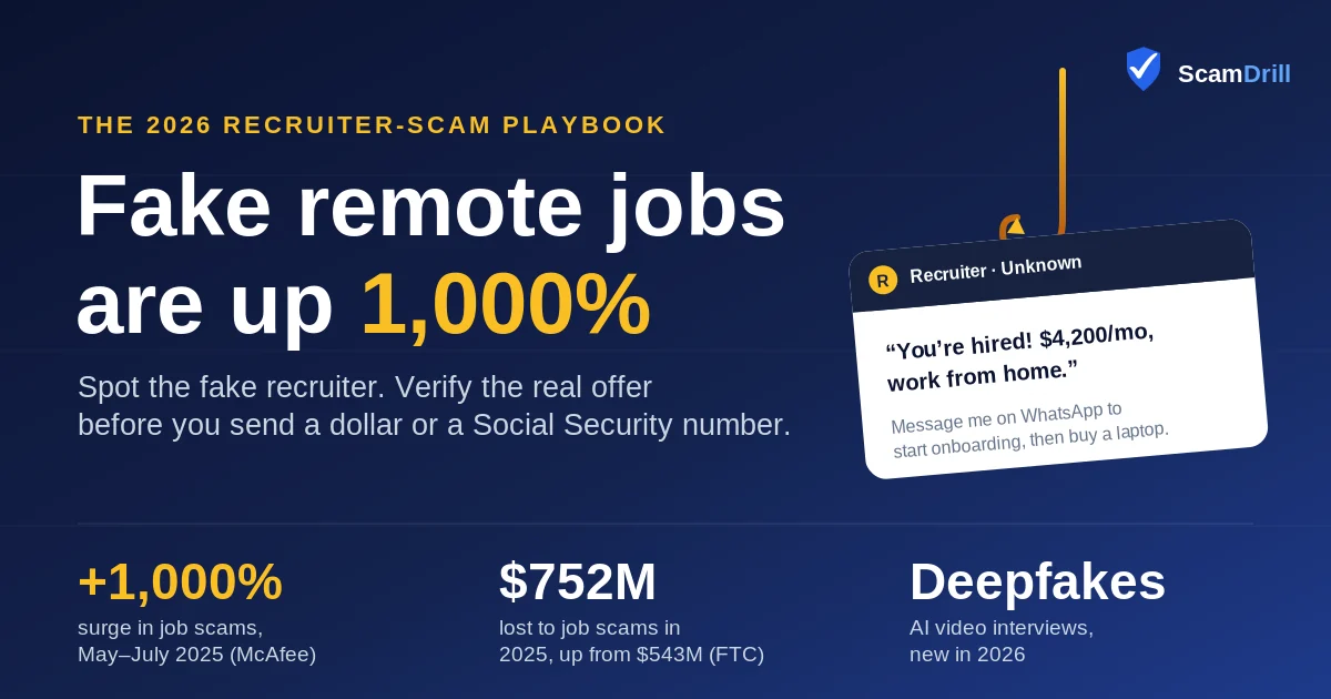 Editorial cover reading &lsquo;Fake Remote Jobs Are Up 1,000%&rsquo; showing a job-offer message moving off a professional network into a chat app, with three figures: a 1,000% spike in job scams, $752M lost in 2025, and deepfake interviews arriving in 2026