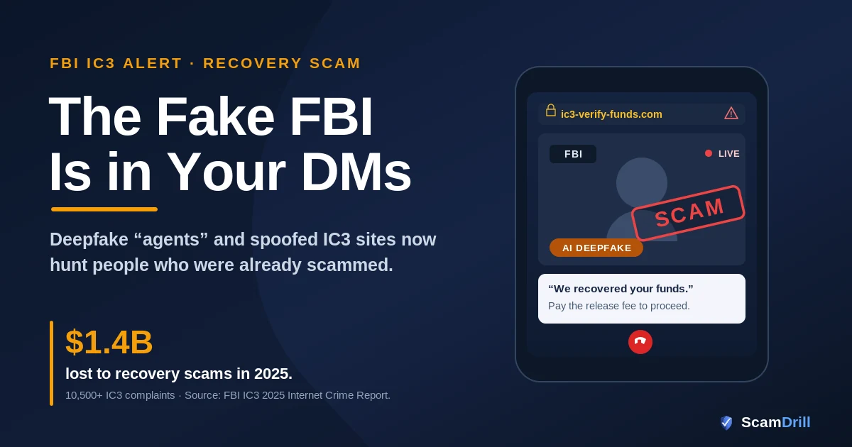 Editorial cover reading &lsquo;The Fake FBI Is Calling&rsquo; showing a phone with a deepfake video badge, a spoofed IC3 login form, and the key figure that the IC3 logged more than 10,500 recovery-scam complaints and about $1.4 billion in losses in 2025