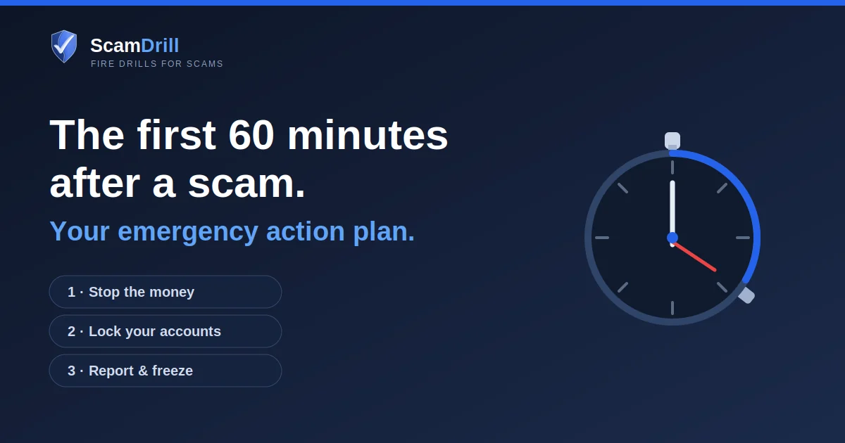 Editorial cover reading &lsquo;The first 60 minutes after a scam&rsquo; over a stopwatch, with three labels: stop the money, lock your accounts, report and freeze
