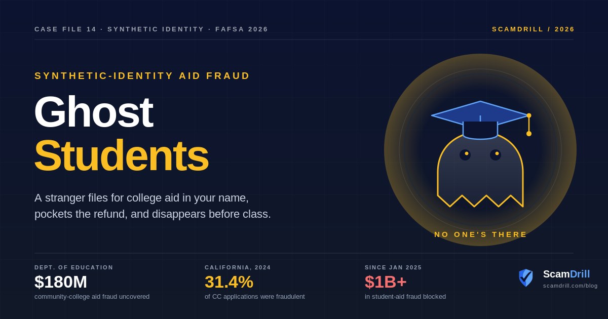 Editorial cover graphic on a deep navy field showing a hollow ghost wearing a graduation cap inside a glowing ring, titled Ghost Students, with the line a stranger files for college aid in your name