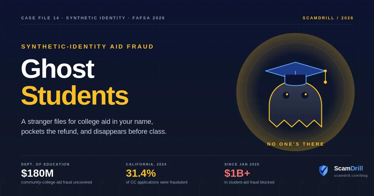 Editorial cover graphic on a deep navy field showing a hollow ghost wearing a graduation cap inside a glowing ring, titled Ghost Students, with the line a stranger files for college aid in your name