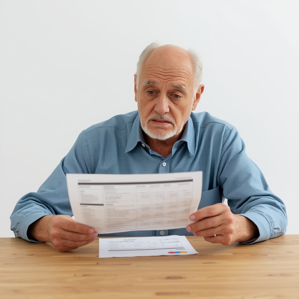 An elderly man sitting at a wooden table, studying a paper bank statement with a concerned expression.