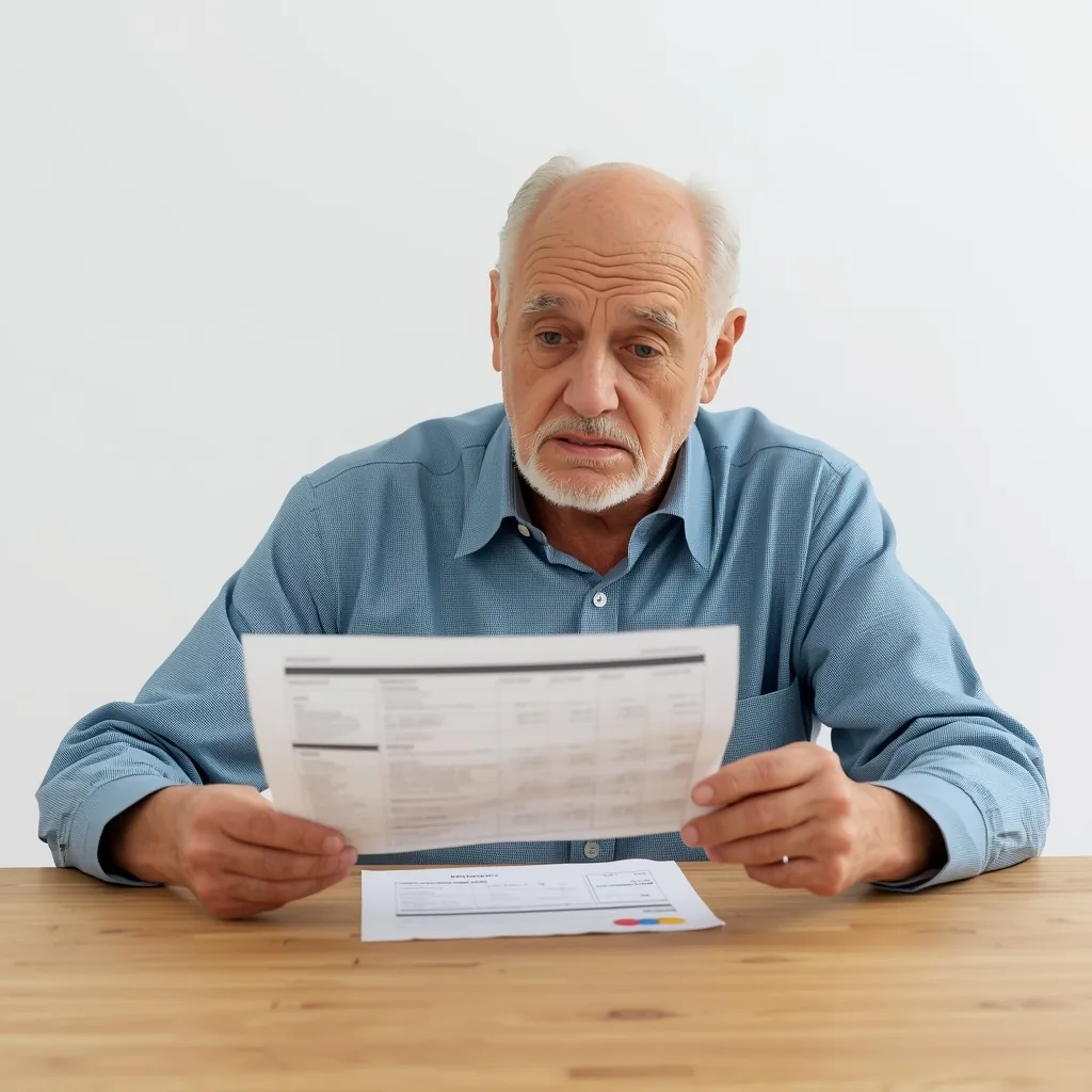 An elderly man sitting at a wooden table, studying a paper bank statement with a concerned expression.
