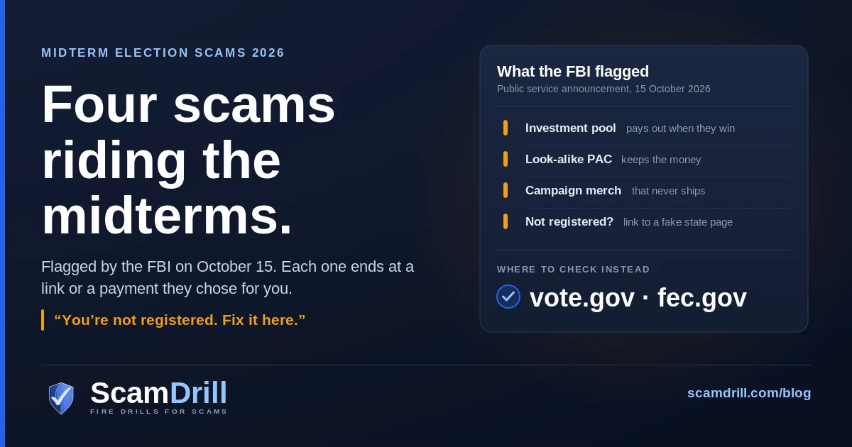Cover graphic on a deep navy field. The headline reads Four scams riding the midterms. A dark card on the right lists what the FBI flagged on 15 October 2026: a not-registered text linking to a fake state page, marked in red; then, in amber, a campaign investment pool that pays when they win, a look-alike PAC that keeps the money, and campaign merch that never ships. At the foot of the card, under Where to check instead, a blue tick beside vote.gov and fec.gov. An amber line on the left quotes the bait: You are not registered to vote. Fix it here.