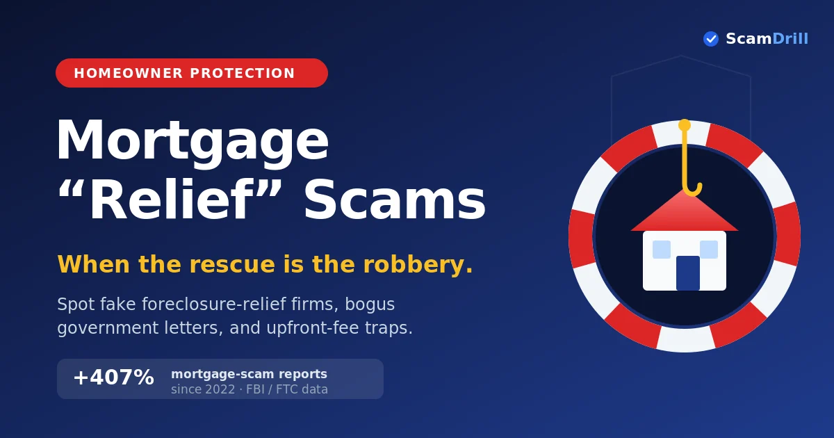 Cover graphic on a deep navy field reading Mortgage Relief Scams, with the line When the rescue is the robbery, showing a small house caught on a gold fishing hook inside a red-and-white life preserver ring, and a stat noting mortgage-scam reports are up 407 percent since 2022