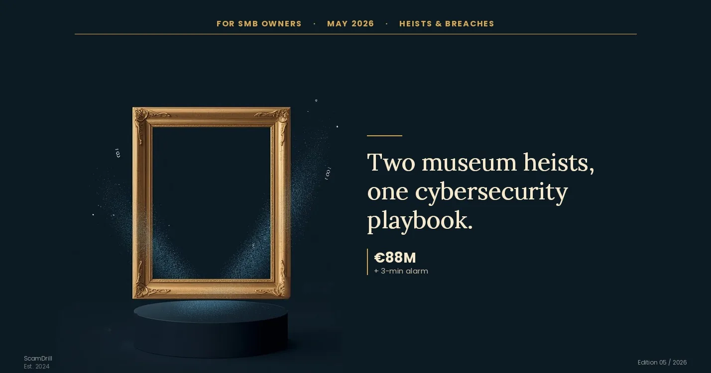 Editorial cover on a navy background. Eyebrow reads &lsquo;For SMB Owners &middot; May 2026 &middot; Heists & Breaches.&rsquo; Headline: &lsquo;Two Museum Heists, One Cybersecurity Playbook.&rsquo; A gilded empty picture frame and an empty velvet display plinth sit side by side, with faint binary code leaking from each and pull-quote callouts reading &lsquo;&euro;88M&rsquo; and &lsquo;3-min alarm.&rsquo;