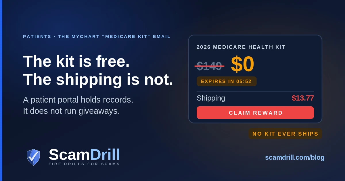 Cover graphic on a deep navy field. The headline reads The kit is free, the shipping is not, above the line a patient portal holds records, it does not run giveaways. To the right, a dark reward card labelled 2026 Medicare Health Kit shows $149 struck through in red beside a large amber $0, an amber countdown pill reading expires in 05:52, a shipping line of $13.77 in red, and a red claim reward button. An amber tag underneath reads no kit ever ships.