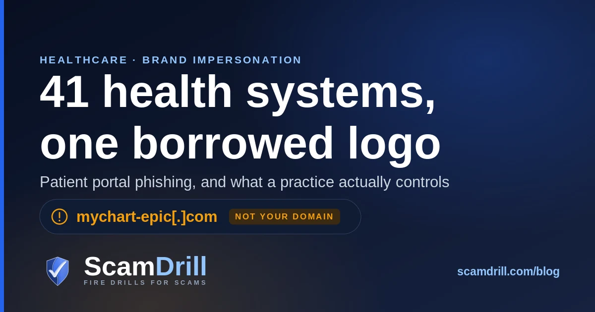 Cover graphic on a deep navy field reading 41 health systems, one borrowed logo, above a browser address bar showing the look-alike domain mychart-epic[.]com in amber, tagged not your domain.