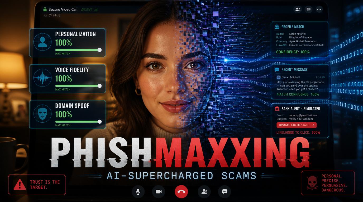 Editorial illustration of a familiar contact on a phone screen whose face fragments into AI-generated patterns and circuit lines, representing a deepfake or AI-cloned impostor