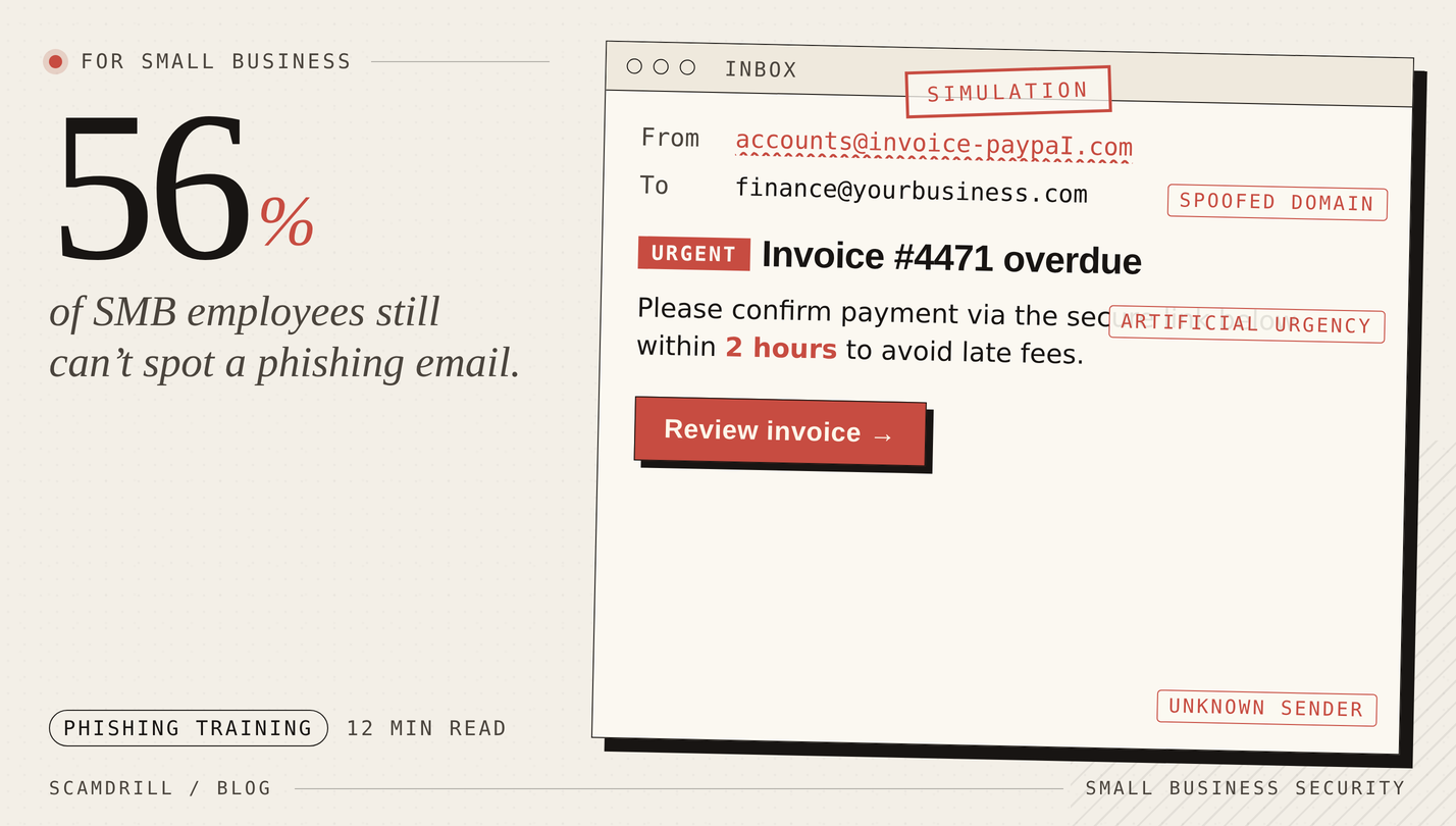 Editorial cover graphic with the headline &lsquo;56% of SMB employees still can&rsquo;t spot a phishing email&rsquo; alongside a sketched fake invoice email annotated with the red flags scammers exploit: a spoofed domain, artificial urgency, and an unknown sender.