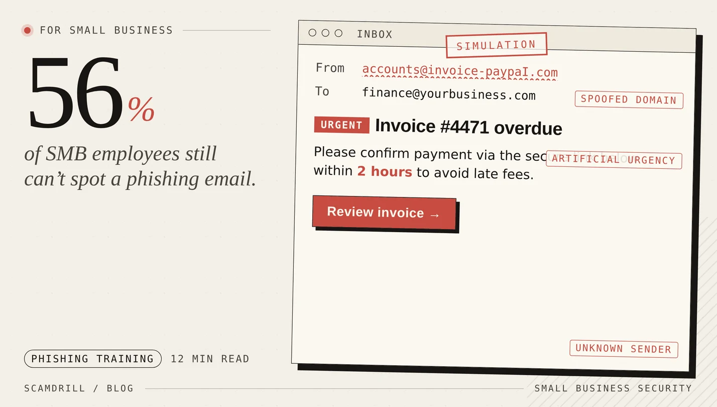 Editorial cover graphic with the headline &lsquo;56% of SMB employees still can&rsquo;t spot a phishing email&rsquo; alongside a sketched fake invoice email annotated with the red flags scammers exploit: a spoofed domain, artificial urgency, and an unknown sender.
