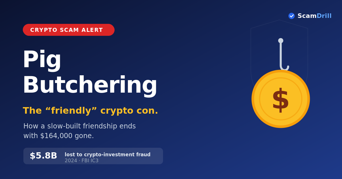 Cover graphic on deep navy reading ‘Pig Butchering — The friendly crypto con,’ showing a gold dollar coin on a fishing hook and a stat noting $5.8 billion lost to crypto-investment fraud in 2024, per FBI IC3.