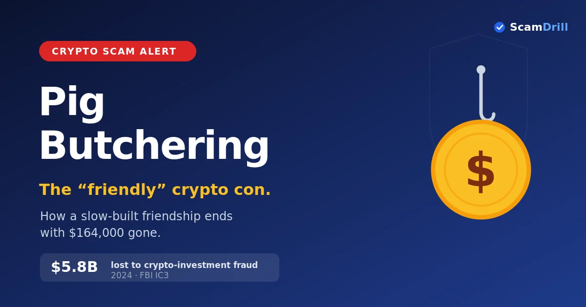 Cover graphic on deep navy reading ‘Pig Butchering — The friendly crypto con,’ showing a gold dollar coin on a fishing hook and a stat noting $5.8 billion lost to crypto-investment fraud in 2024, per FBI IC3.