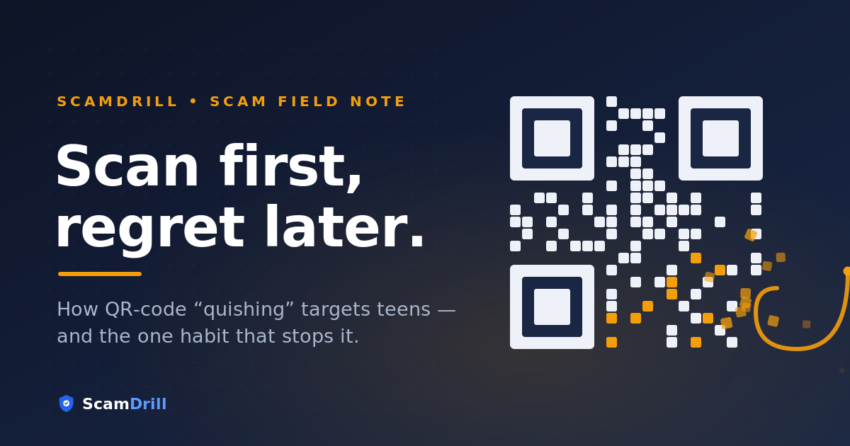 A teenager's phone scanning a QR code that splits into a fake login page, a payment screen, and a malware download, flagged as a scam