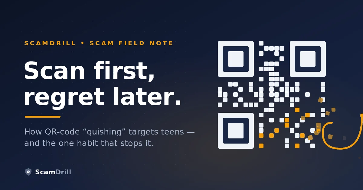 A teenager's phone scanning a QR code that splits into a fake login page, a payment screen, and a malware download, flagged as a scam