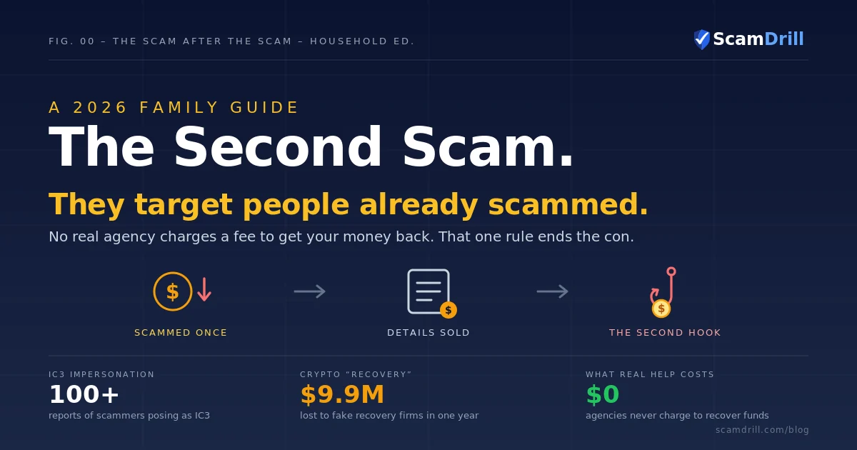 Editorial cover reading &lsquo;The Second Scam&rsquo; with a three-step sequence (scammed once, details sold, then a second fishing hook baited with money) and three stats: 100-plus IC3 impersonation reports, $9.9M in crypto recovery losses, and $0 that any real agency charges to recover funds