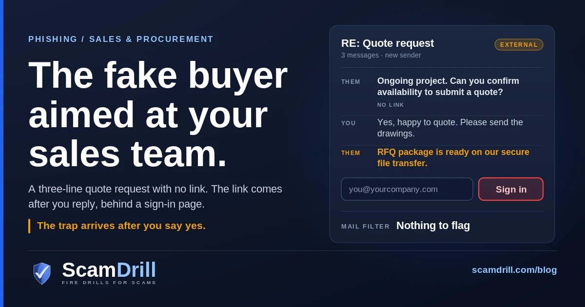 Cover graphic on a deep navy field. The headline reads The fake buyer aimed at your sales team. To the right, a dark card styled like an email thread. The first message, from a purchasing manager, asks only whether you can confirm availability to submit a quote, and is tagged no link. Below it, the reply: happy to quote. Then the second message offers the RFQ package through a secure file transfer, and a sign-in box asks for a work email and password, outlined in red. An amber line on the left reads The trap arrives after you say yes.
