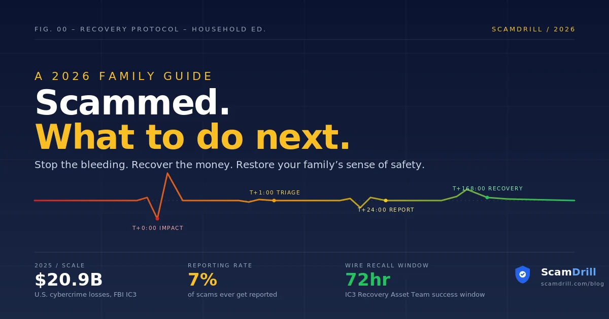 Editorial cover with the headline &lsquo;Scammed. What to do next.&rsquo; over a recovery-shaped ECG pulse trace and three stat blocks: $20.9B in 2025 US cybercrime losses, 7% reporting rate, and a 72-hour wire recall window