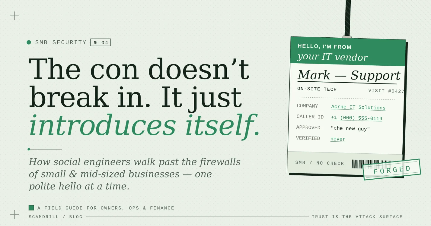 Editorial cover graphic on a soft-mint background. Headline reads &lsquo;The con doesn&rsquo;t break in. It just introduces itself.&rsquo; Beside it, a forged visitor badge reading &lsquo;Hello, I&rsquo;m from your IT vendor &mdash; Mark, Support&rsquo; is stamped &lsquo;Forged.&rsquo;