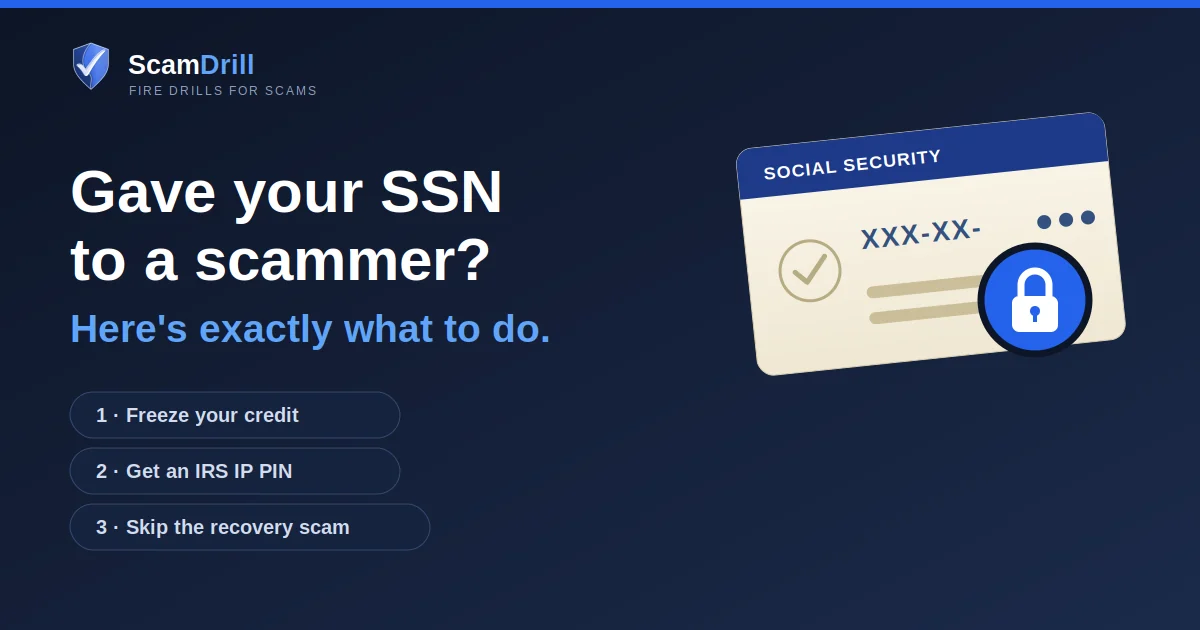 Editorial cover reading &lsquo;Someone has your SSN. Here&rsquo;s what to do.&rsquo; over a Social Security card being locked with a padlock, and three labels: freeze your credit, get an IRS IP PIN, skip the recovery scam