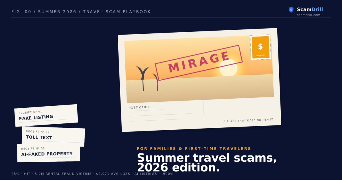 Editorial cover graphic titled &lsquo;Postcard Mirage&rsquo; on a deep navy field with a rotated cream postcard showing a sun-faded gradient and a faint magenta MIRAGE rubber stamp, plus three torn receipts labeled FAKE LISTING, TOLL TEXT, and AI-FAKED PROPERTY