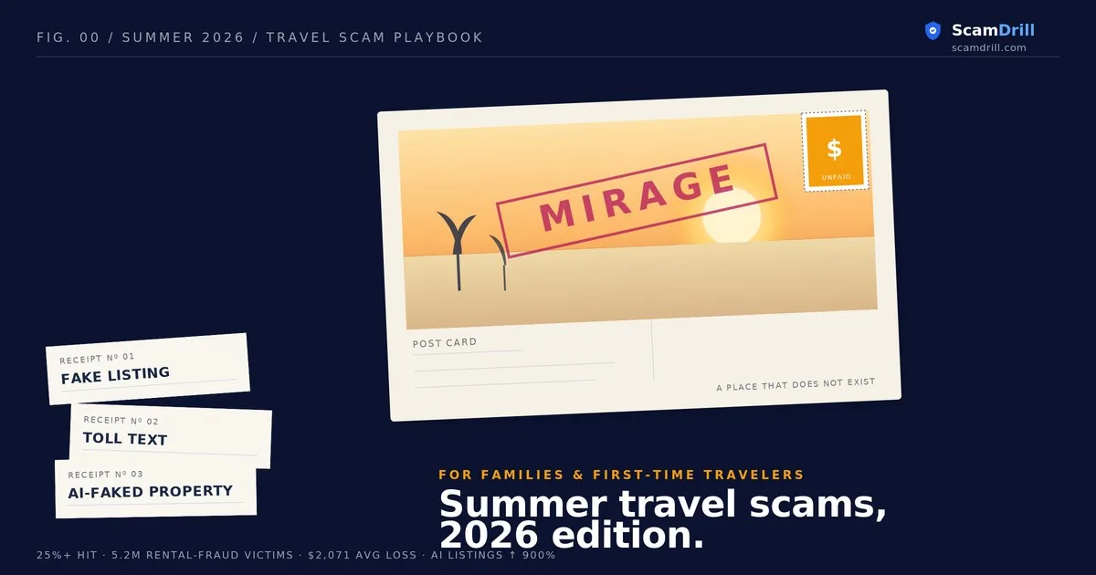 Editorial cover graphic titled &lsquo;Postcard Mirage&rsquo; on a deep navy field with a rotated cream postcard showing a sun-faded gradient and a faint magenta MIRAGE rubber stamp, plus three torn receipts labeled FAKE LISTING, TOLL TEXT, and AI-FAKED PROPERTY