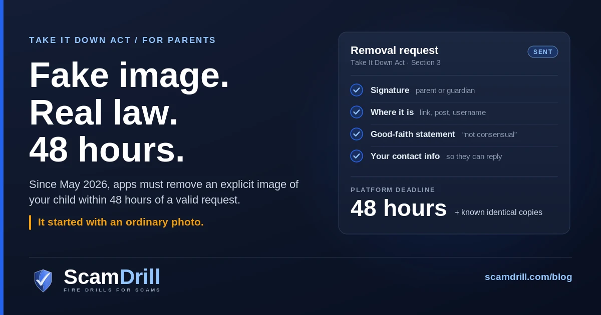 Cover graphic on a deep navy field. The headline reads Fake image. Real law. 48 hours. To the right, a dark card titled Removal request, Take It Down Act, lists the four things a valid request needs, each with a blue tick: a signature, where the image is, a good-faith statement that it is not consensual, and contact details. A line at the bottom of the card reads: platform deadline, 48 hours, plus known identical copies. An amber line on the left reads: It started with an ordinary photo.