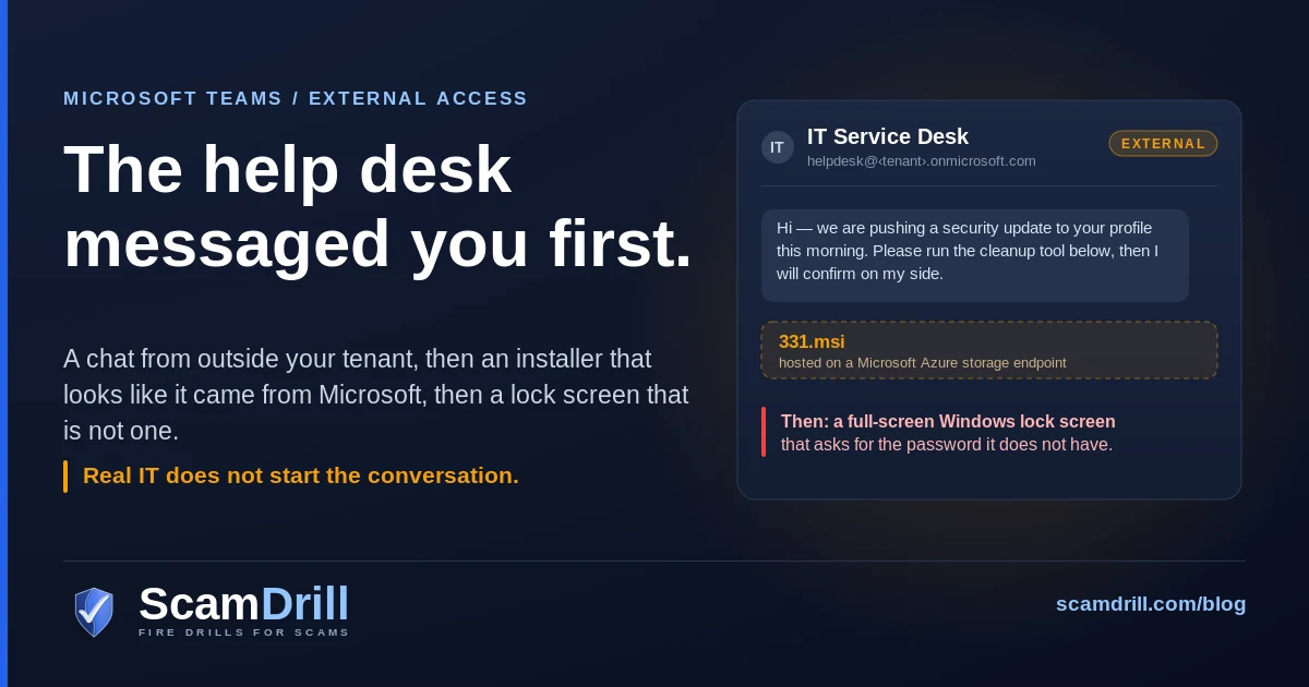 Cover graphic on a deep navy field. The headline reads The help desk messaged you first. To the right, a dark Teams chat card shows a sender called IT Service Desk at an onmicrosoft.com address, tagged EXTERNAL in amber, a polite message about a security update, an amber attachment called 331.msi hosted on a Microsoft Azure storage endpoint, and a red note that a full-screen Windows lock screen follows and asks for the password it does not have.