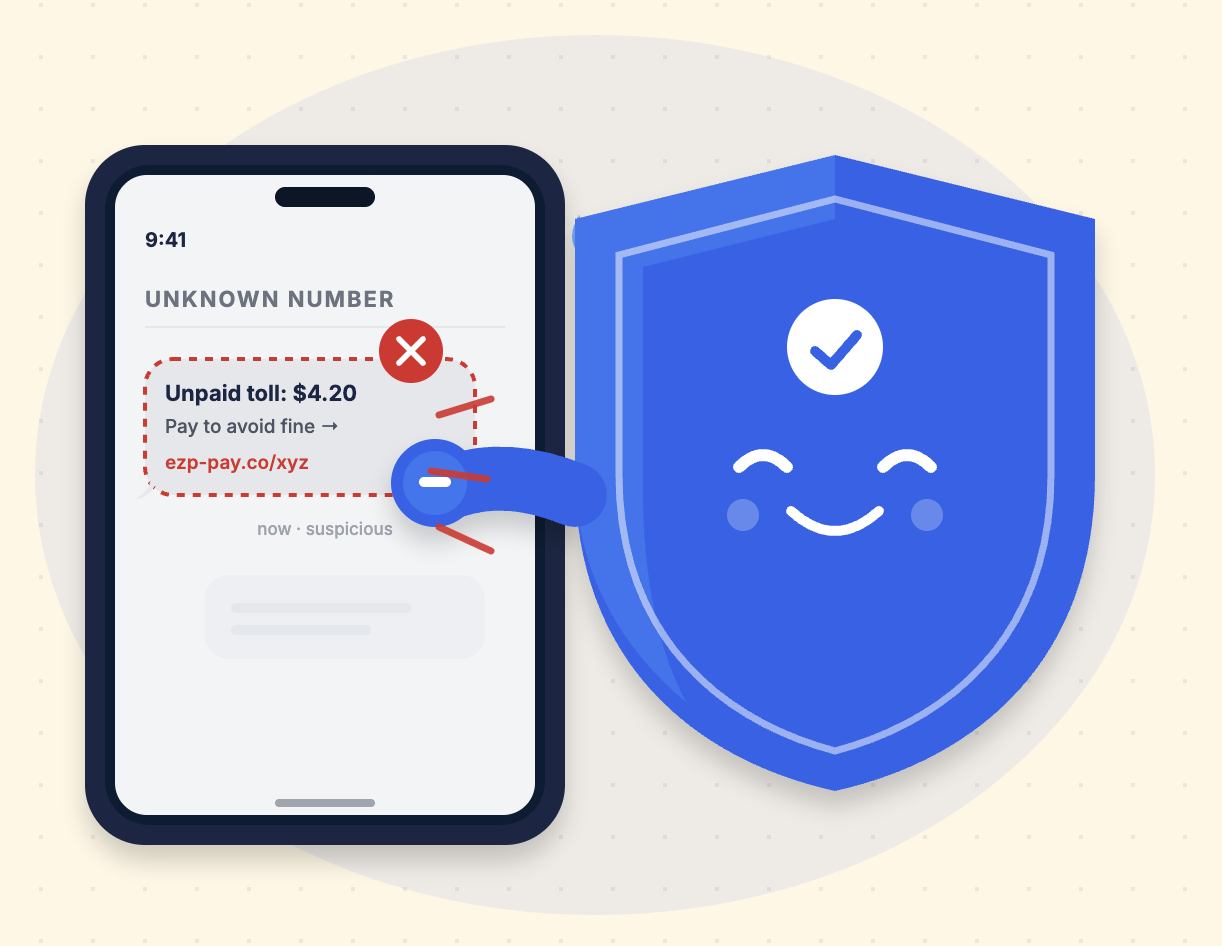 Illustration of a smartphone receiving a fake toll-payment scam text next to a friendly blue shield character representing scam protection
