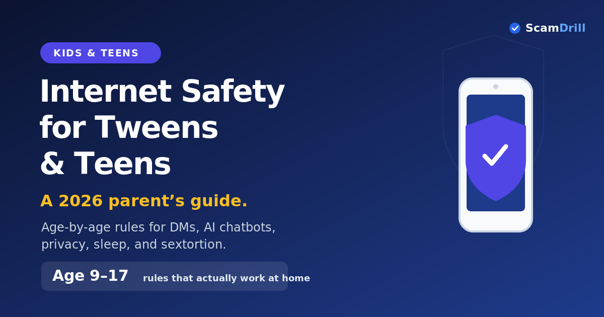 Cover graphic on deep navy reading ‘Internet Safety for Tweens and Teens — A 2026 parent’s guide,’ showing a smartphone with a shield-and-check on screen, covering age 9 to 17 household rules.