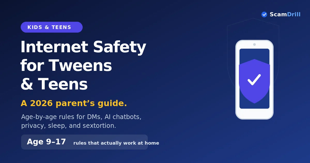 Cover graphic on deep navy reading ‘Internet Safety for Tweens and Teens — A 2026 parent’s guide,’ showing a smartphone with a shield-and-check on screen, covering age 9 to 17 household rules.