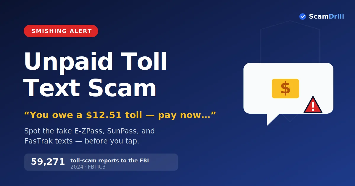Cover graphic on a deep navy field reading The Unpaid Toll Text Scam, with the line That &lsquo;you owe a toll&rsquo; text is fake, showing a phone displaying a fake E-ZPass unpaid-toll notice with a payment link stamped SCAM, and a stat noting 59,271 toll-scam complaints reported to the FBI in 2024.
