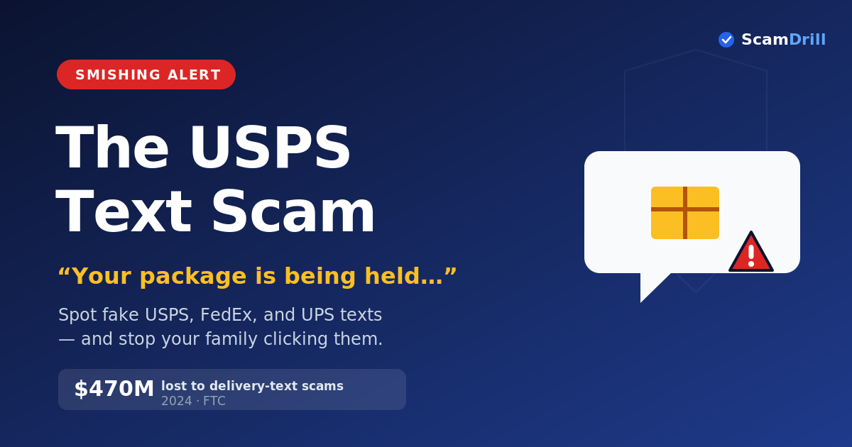 Cover graphic on deep navy reading ‘The USPS Text Scam — Your package is being held,’ showing a text-message bubble with a parcel and a red warning triangle, and a stat noting $470 million lost to delivery-text scams in 2024, per FTC.
