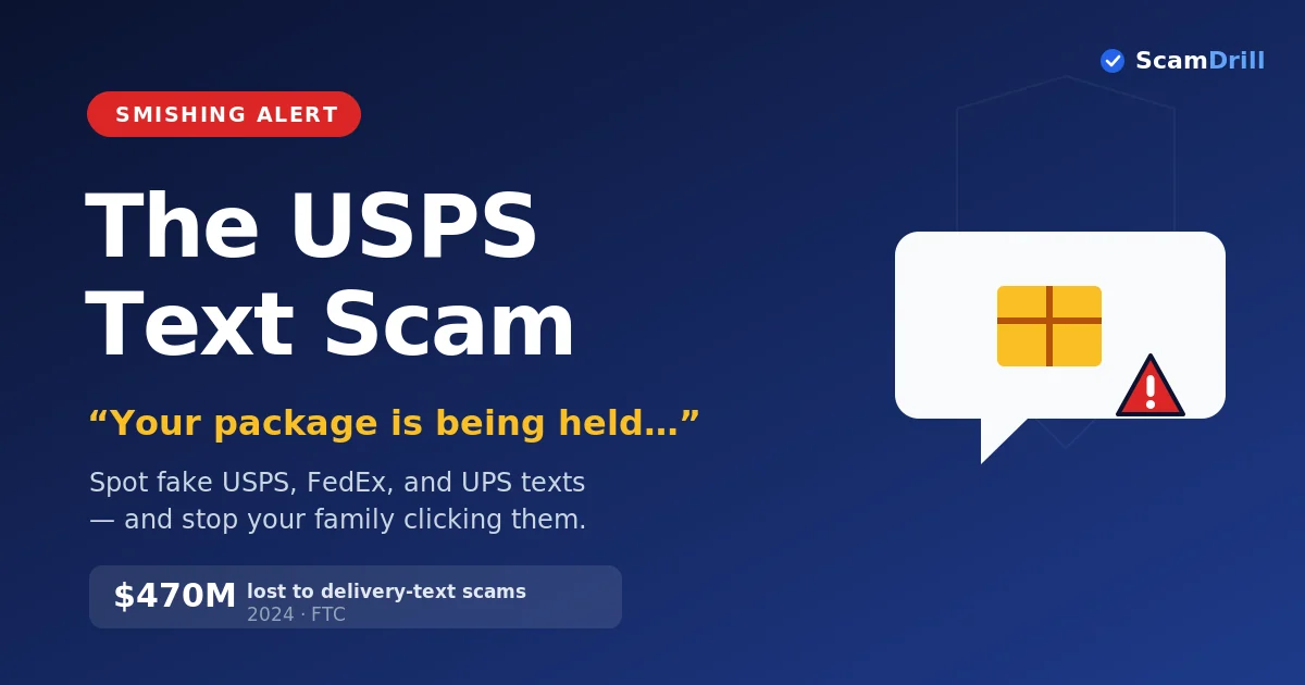 Cover graphic on deep navy reading ‘The USPS Text Scam — Your package is being held,’ showing a text-message bubble with a parcel and a red warning triangle, and a stat noting $470 million lost to delivery-text scams in 2024, per FTC.