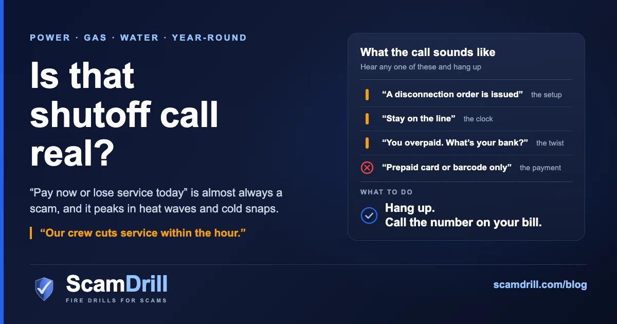 Cover graphic on a deep navy field. The headline reads Is that shutoff call real?, under the kicker Power, gas, water, year-round. A line beneath says pay now or lose service today is almost always a scam, and it peaks in heat waves and cold snaps, and an amber quote reads: our crew cuts service within the hour. To the right, a card titled What the call sounds like, hear any one of these and hang up, lists four lines: a disconnection order is issued, the setup; stay on the line, the clock; and you overpaid, what&rsquo;s your bank?, the twist, each marked in amber; and prepaid card or barcode only, the payment, marked in red. At the foot of the card, under What to do, a blue tick sits beside the words Hang up. Call the number on your bill.